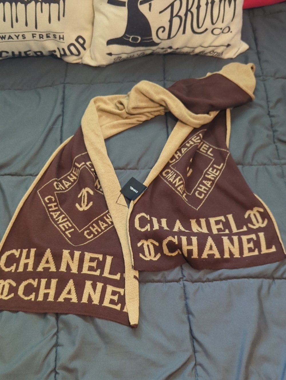 Authentic CHANEL Brown and Tan Logo Knit Scarf Wool